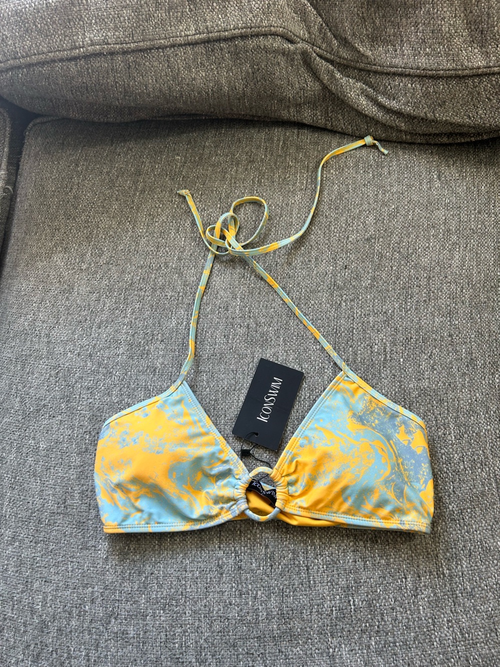 Icon Swim Yellow & Light Blue Marble String Bikini Top | Size Large (New)